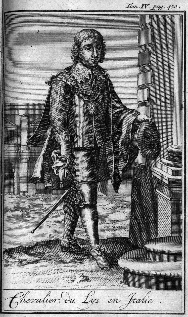 Ordery rycerskie. Rycerz lilii we Włoszech. W „”Historii zakonów rycerskich czy rycerskich, bezpiecznych i rutynowych milicji obojga płci, które powstały do tej pory. Wydanie zaczerpnięte z Abbe Giustiniani, R.P.Bonani, M. Herman, Schoonebeek, R.P.H autorstwa Unknown artist