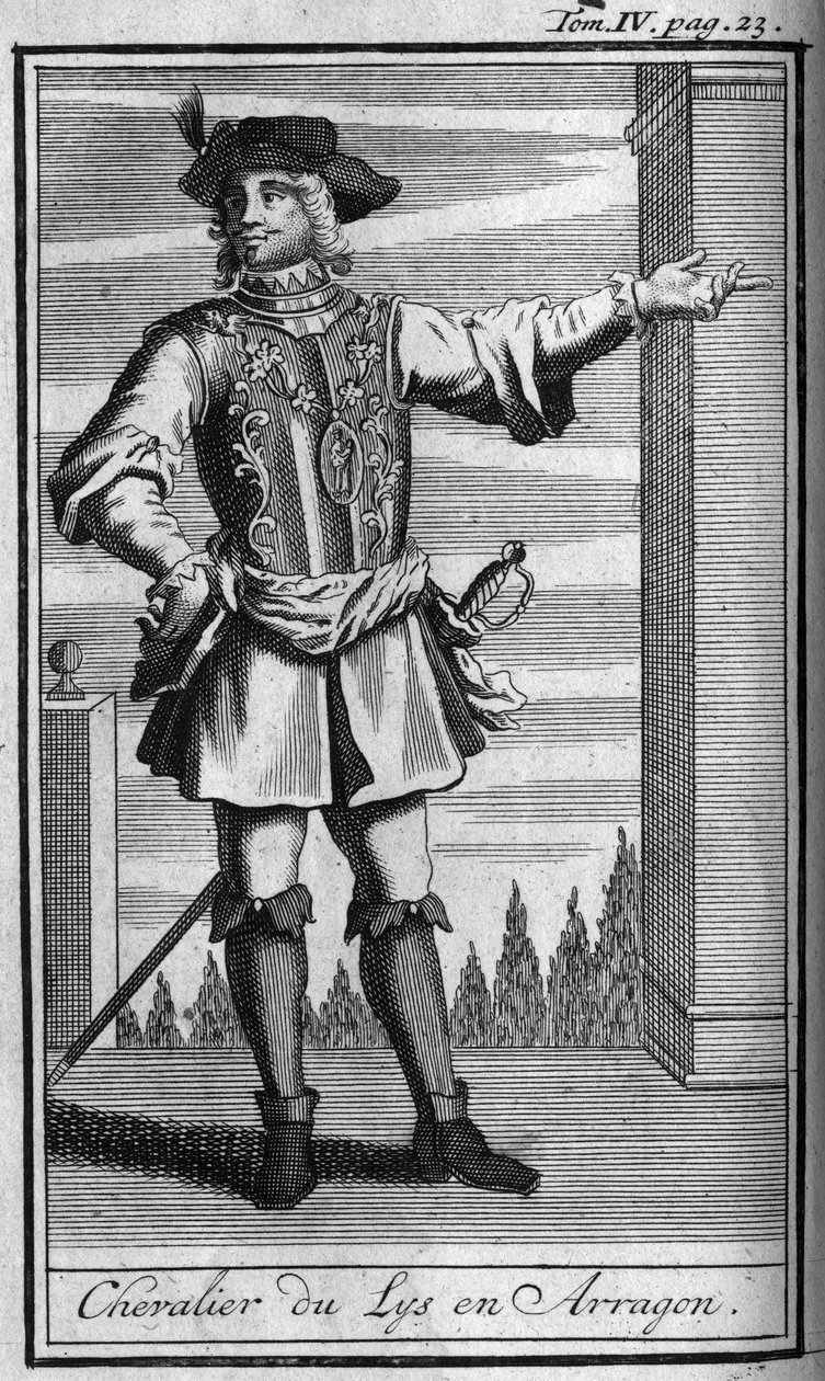 Ordery rycerskie. Kawaler Zakonu Liliowego w Arragonie w XV w. W „” historii powstających do tej pory zakonów rycerskich, sekulierów i regularnych milicji obojga płci. Wydanie zaczerpnięte z Abbe Giustiniani, R.P.Bo autorstwa Unknown artist