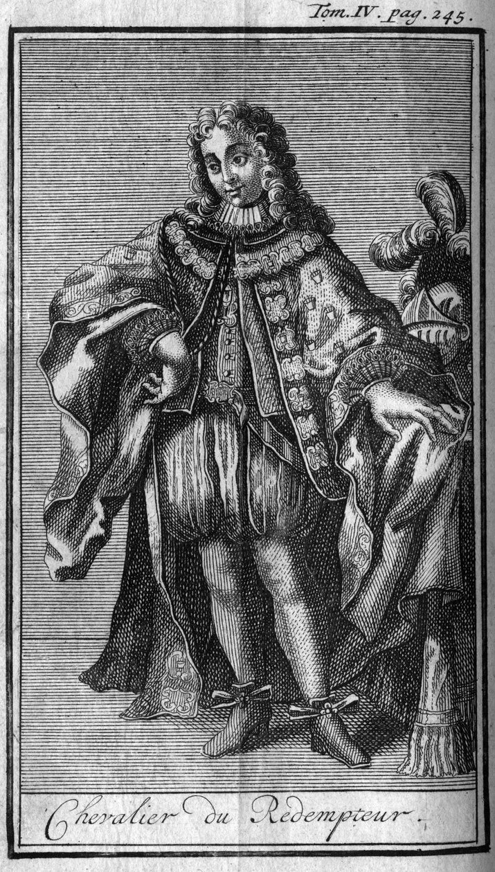 Ordery rycerskie. Rycerz Odkupiciela lub drogocennej krwi Jezusa w Księstwie Mantui (Mantua) w XVII wieku. W „”Historii zakonów rycerskich lub rycerskich, bezpiecznych i rutynowych milicji obojga płci, które powstały do tej pory autorstwa Unknown artist