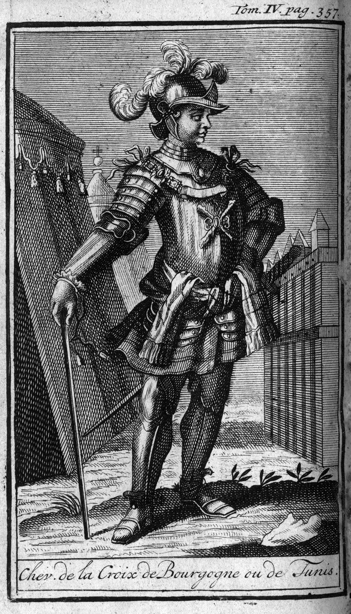Ordery rycerskie. Kawaler krzyża Burgundii lub Tunisu. W „”Historii zakonów rycerskich czy rycerskich, bezpiecznych i rutynowych milicji obojga płci, które powstały do tej pory. Wydanie zaczerpnięte z Abbe Giustiniani, R.P.Bonani, M. Herman, Sch autorstwa Unknown artist