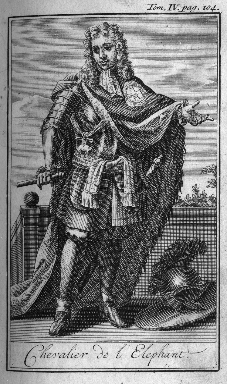 Ordery rycerskie. Słoni rycerz w Danii w XV wieku. W „”Historii zakonów rycerskich czy rycerskich, bezpiecznych i rutynowych milicji obojga płci, które powstały do tej pory. Wydanie zaczerpnięte z Abbe Giustiniani, R.P.Bonani, M autorstwa Unknown artist