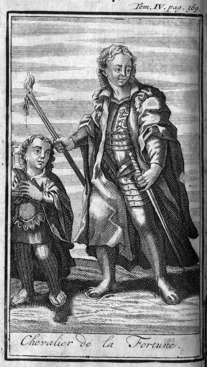 Ordery Knight.Knight of Fortune we Włoszech. W „”Historii zakonów rycerskich czy rycerskich, bezpiecznych i rutynowych milicji obojga płci, które powstały do tej pory. Wydanie zaczerpnięte z Abbe Giustiniani, R.P.Bonani, M. Herman, Schoonebeek, R.P.Hel autorstwa Unknown artist