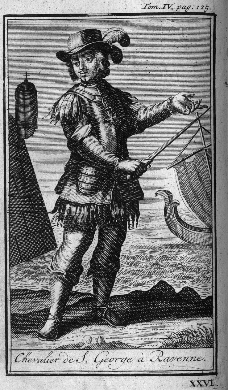 Ordery Knight.Rycerze św. Jerzego do Rawenny (Ravenna) we Włoszech w XVI wieku. W „” Historii zakonów rycerskich lub rycerskich, bezpiecznych i rutynowych milicji obojga płci, które powstały do dziś. Wydanie zaczerpnięte z Abbego G autorstwa Unknown artist