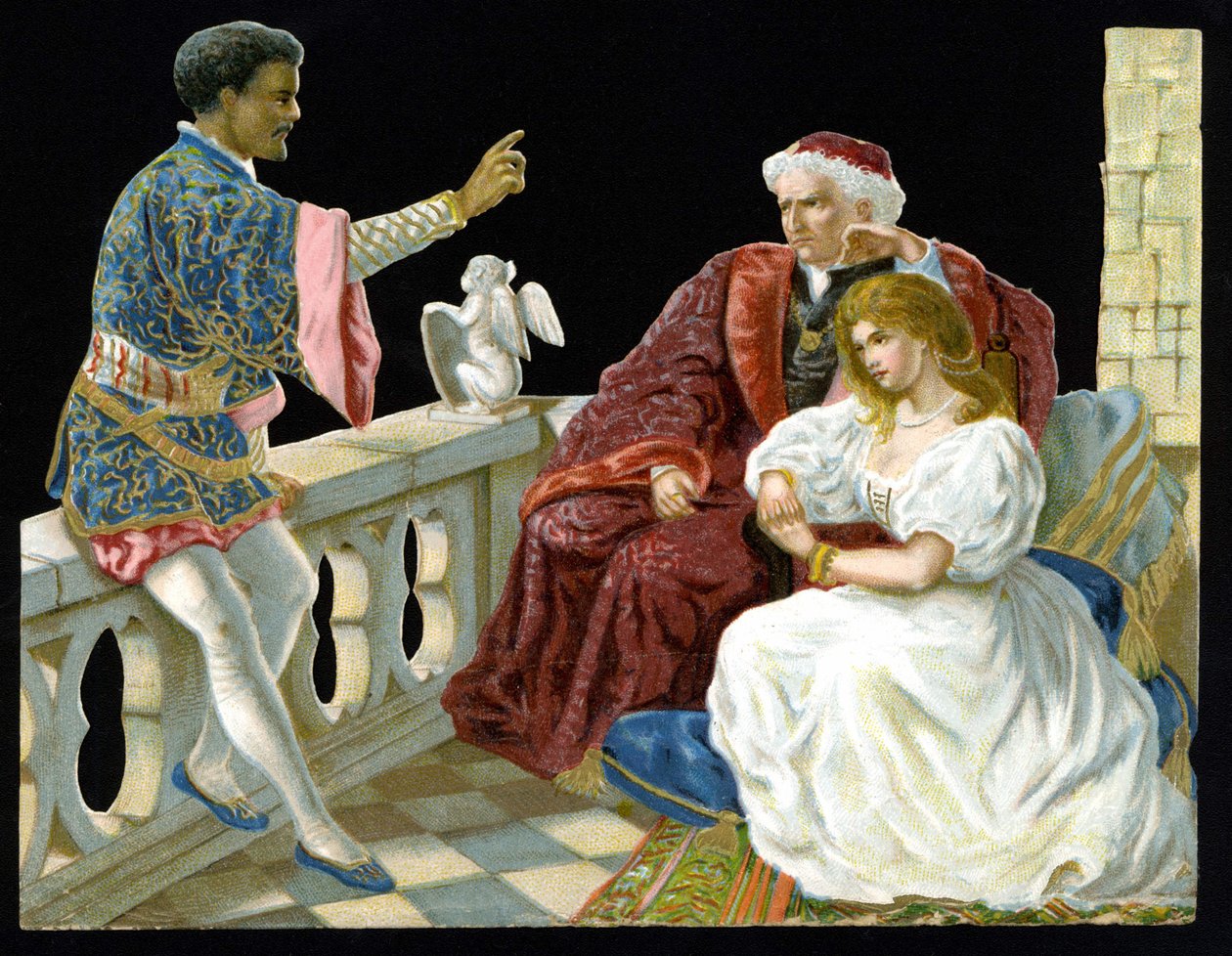 Otello, Desdemona i Iago - w Otello lub Maur wenecki” Szekspira (1604). Chromolitografia XIX wieku.” autorstwa Unknown artist