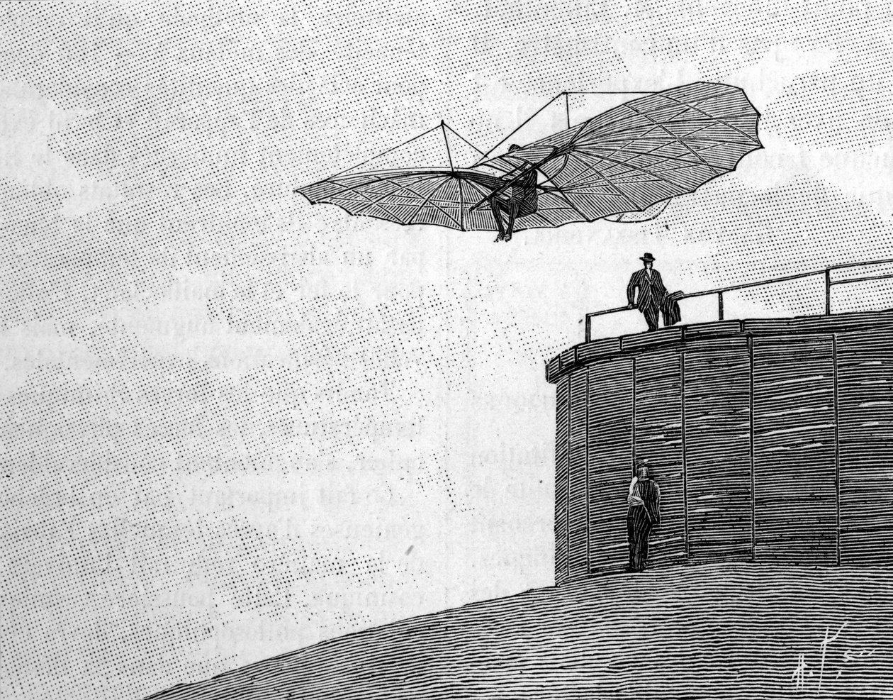 Otto Lilienthal (1848-1896), niemiecki pionier aeronautyki, wyskakując ze swojej drewnianej wieży swoim latającym samolotem (na zdjęciu). Grawerowanie w „”La Nature: revue des sciences et de leurs applications aux arts et a l