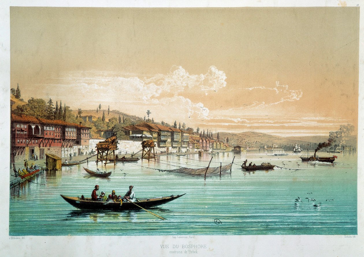Imperium Osmańskie: „”widok na Bosfor w okolicach Bebek w Turcji”” Sceny wędkarskie. Grawerowanie XIX-wiecznego Paryża, Sztuka dekoracyjna autorstwa Unknown artist
