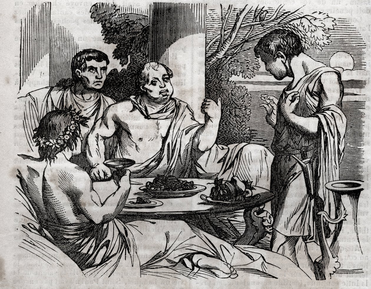 Scena biesiady plenerowej - Witeliusz (Aulus Vitellius Germanicus Imperator August) Cesarz rzymski (15-69) wydający ucztę - grawer w „”Zdrowie powszechne – Poradnik medyczny dla rodzin”” 1852 autorstwa Unknown artist