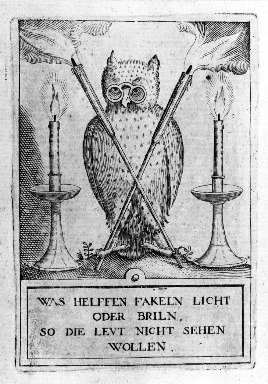 Sowa w okularach, symbol mądrości. Grawerowanie „Amphitheatrum sapientiae aeternae”. (Amfiteatr Wiecznej Mądrości) (Hamburg: n.n. autorstwa Unknown artist