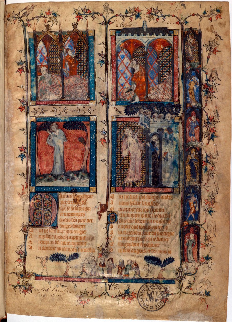 Podświetlana strona zaczerpnięta z rękopisu "Le Roman de la Rose" Guillaume de Lorris (około 1200-1238) i Jean de Meun (Meung) (1240-1305) około 1353 Szwajcaria Bibliotheque de Geneve autorstwa Unknown artist