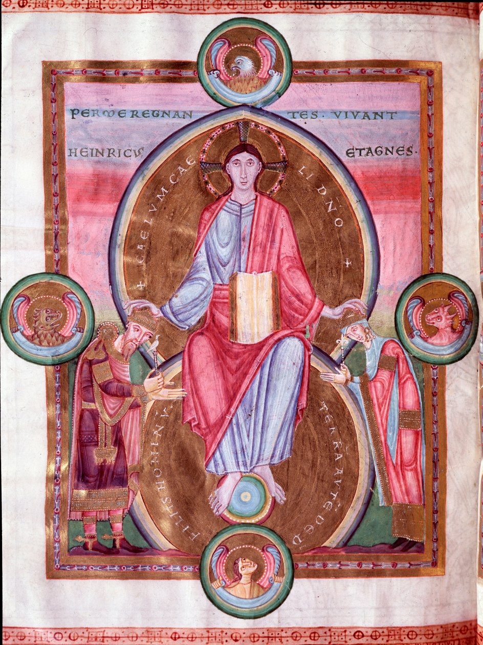 Strona Biblii Cesarza: Chrystus otoczony przez tetramorfa, pomiędzy cesarzem Henrykiem III i jego żoną Agnieszką z Poitou (miniatura autorstwa Unknown artist