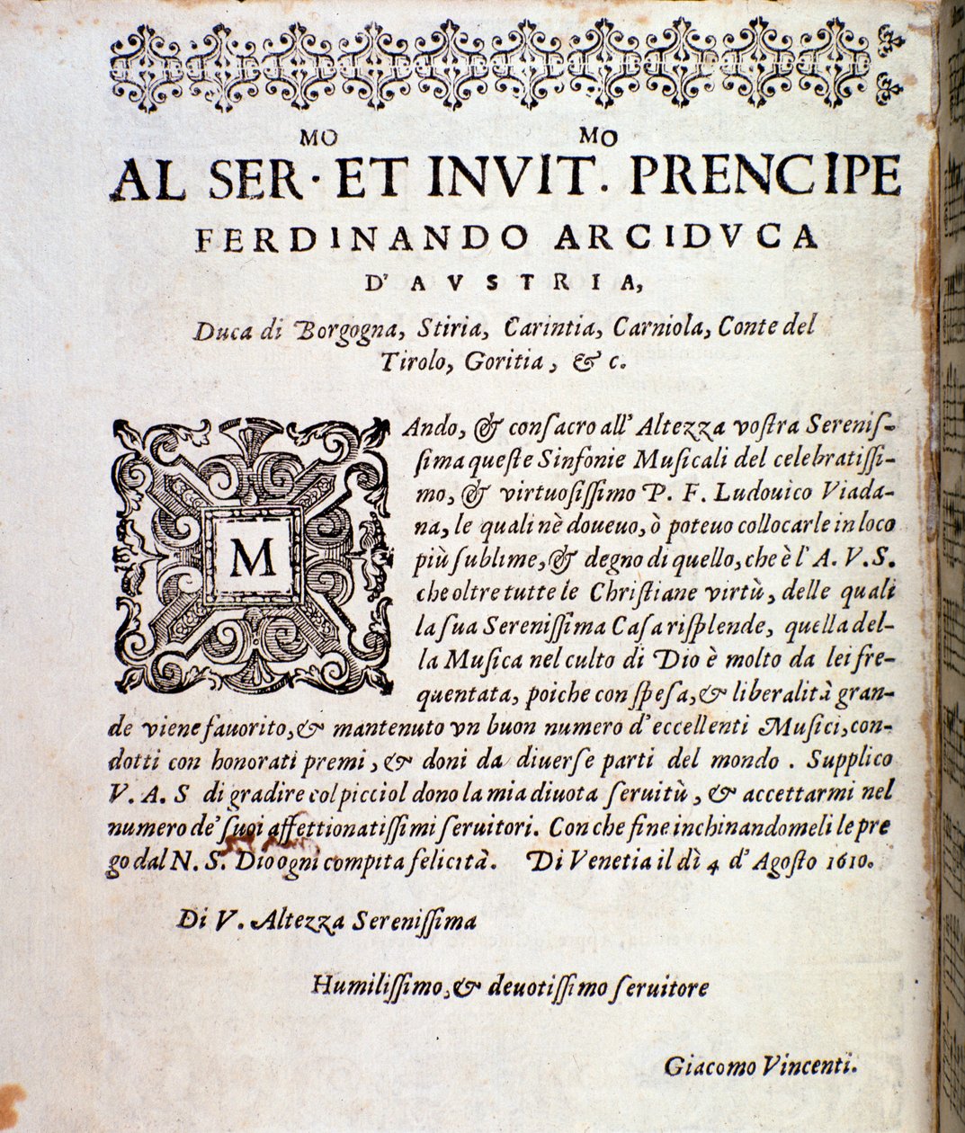 Strona dedicace dla Ferdynanda Austrii w partyturze muzycznej Symfonii Ludovico Viadana autorstwa Unknown artist