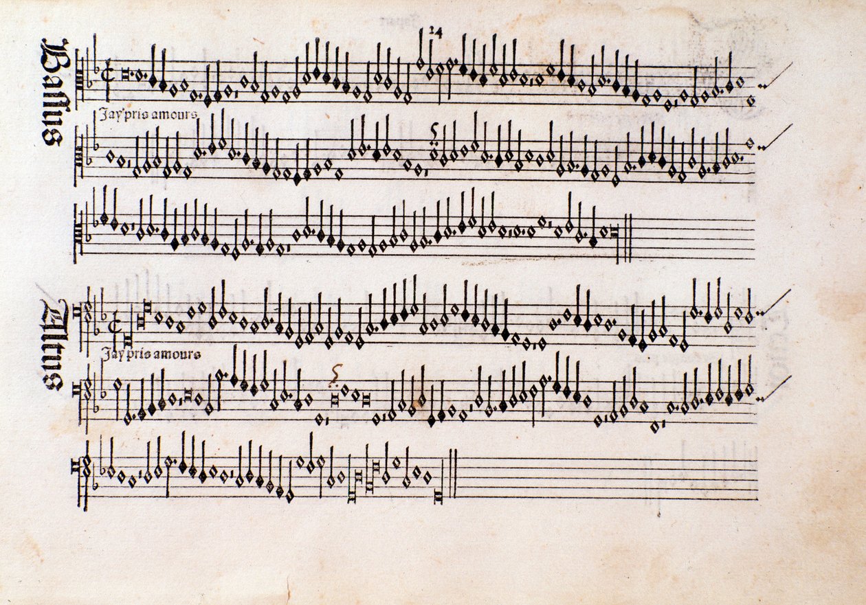 Strona partytury muzycznej Harmonice Musices Odhecaton Ottaviano Petrucciego (1501) autorstwa Unknown artist