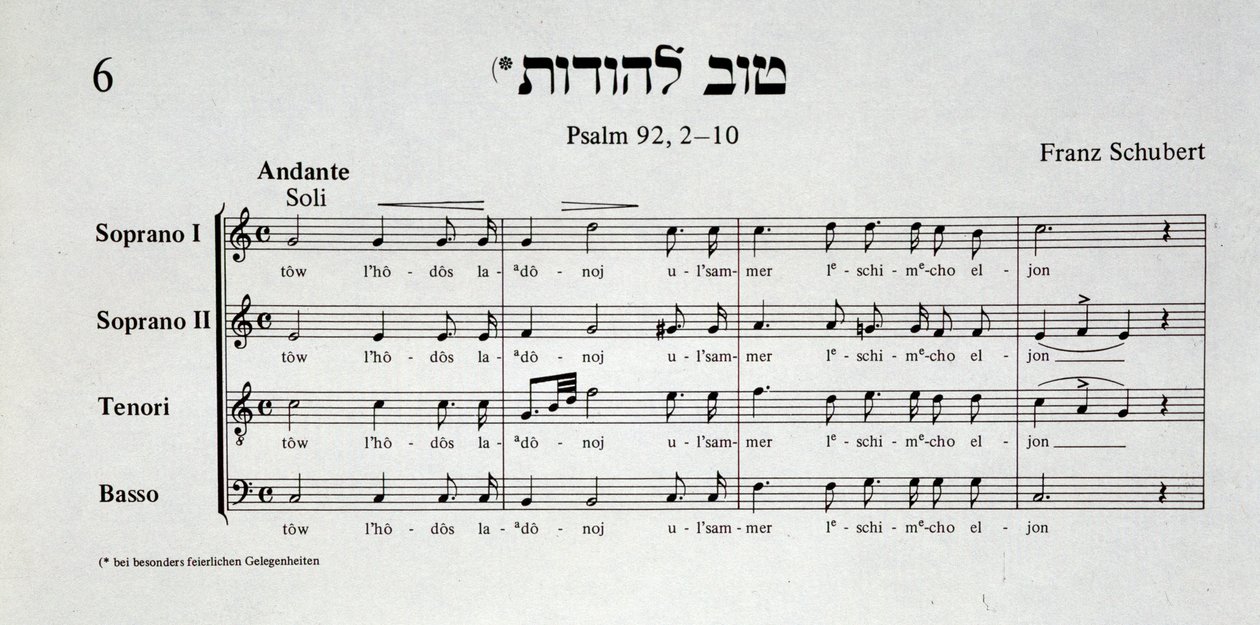 Strona partytury muzycznej Psalmu 92 Franza Schuberta z Schir Zion Salomona Sulzer .a autorstwa Unknown artist