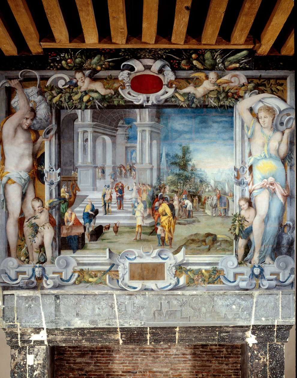 Malowany kominek w pokoju z bronią przedstawiający Salomona i królową Saby autorstwa Unknown artist