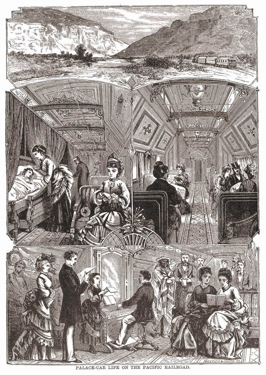Życie pałacowo-samochodowe na linii kolejowej Pacific, grawerowanie sd. 19 wiek. autorstwa Unknown artist