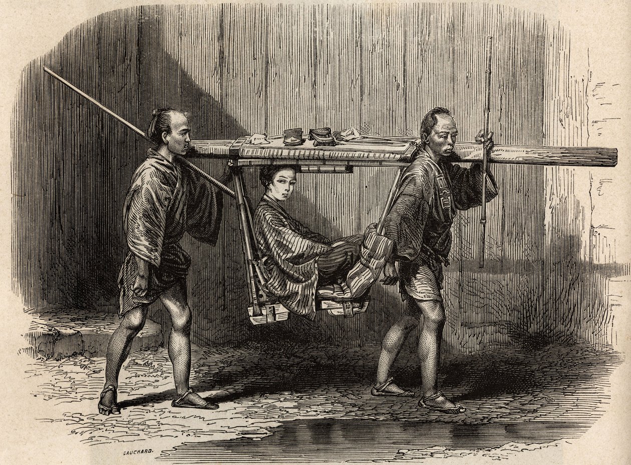 Palanquin korzysta z ludzi, otwarty, użytkownik kładzie swoje rzeczy na dachu, zanim osiedli się, aby wyruszyć w podróż. Rycina ilustrująca podróż do Japonii w latach 1863-1864 autorstwa Aime Humberta, ministra Konfederacji Szwajcarskiej, w „Le tour du mon autorstwa Unknown artist