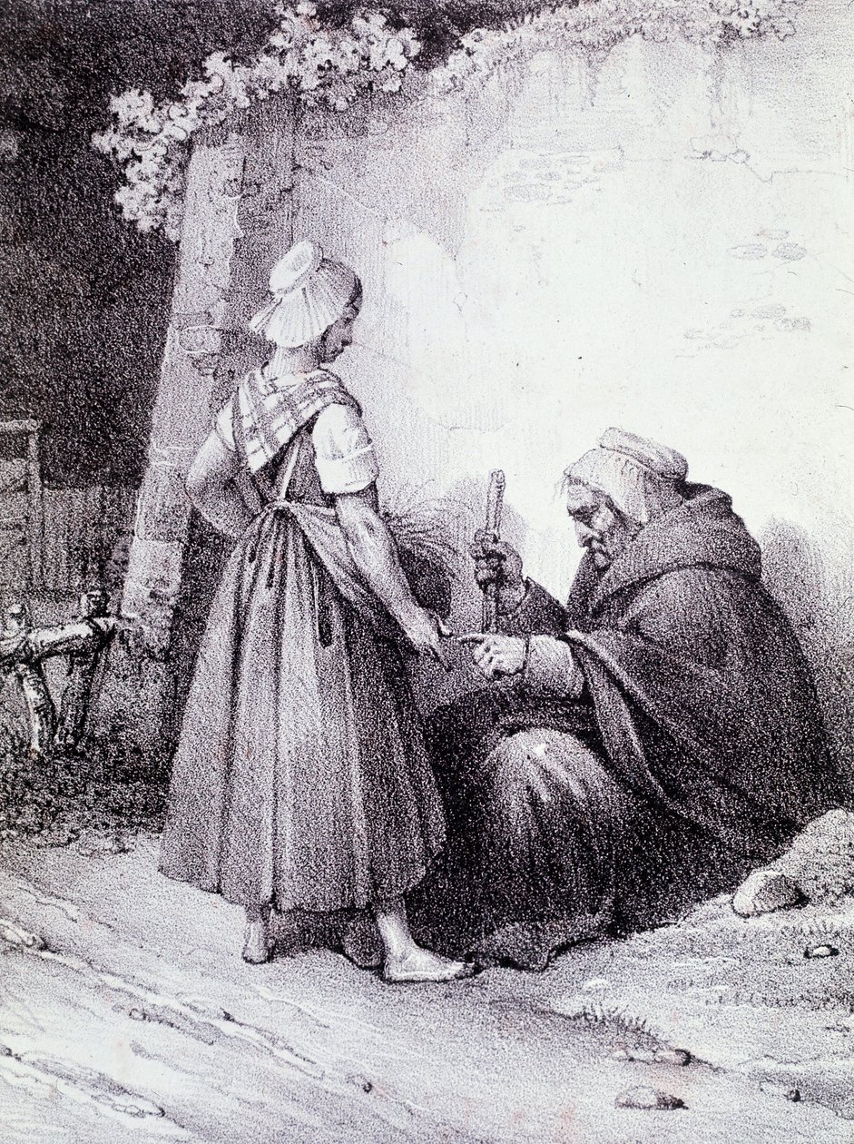 Chiromancja: stara wróżka czyta z ręki młodej dziewczyny (Grawerowanie) autorstwa Unknown artist