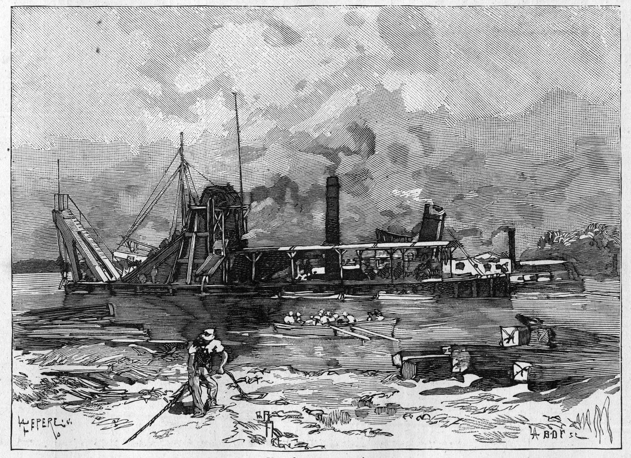 Działa Kanał Panamski. Główne maszyny: pogłębiarka i jej zawór. Grawerowanie w „”Le Monde Illustré”” autorstwa Unknown artist