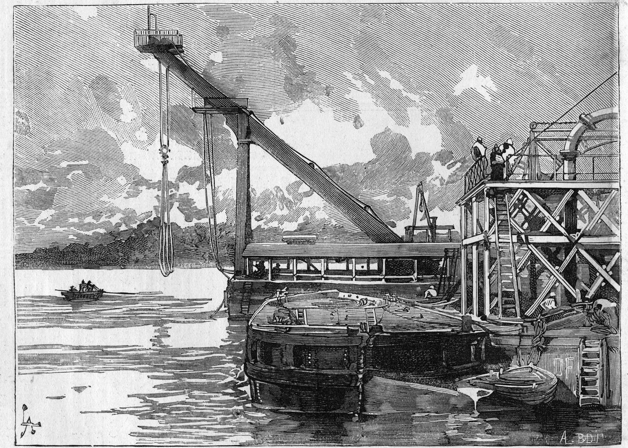 Działa Kanał Panamski. Główne maszyny: ponton Bige. Grawerowanie w „”Le Monde Illustré”” autorstwa Unknown artist