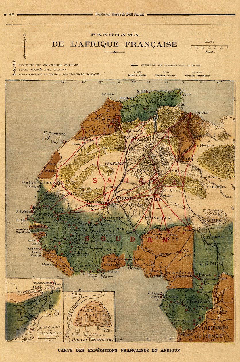 Panorama Afryki Francuskiej, mapa francuskich wypraw w Afryce. Grawerowanie w „Le petit journal”” 5.03.1894. Kolekcja Selvy. autorstwa Unknown artist
