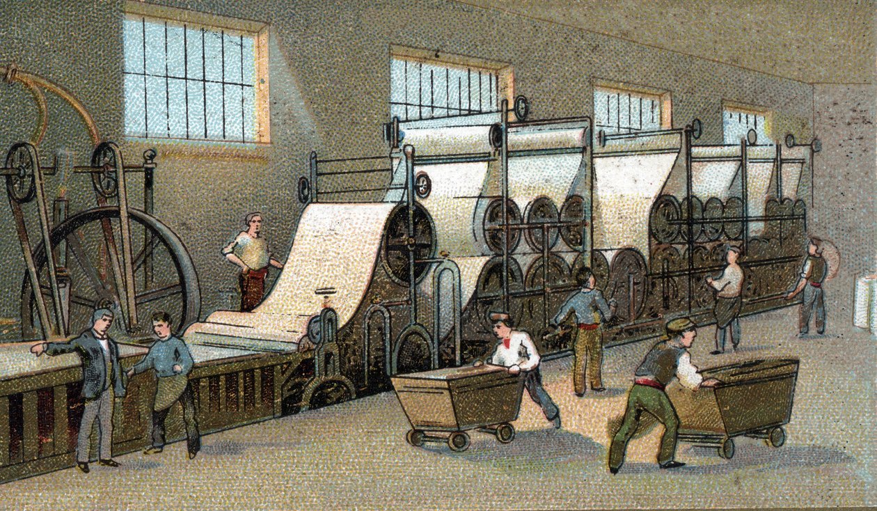 Produkcja papieru w XIX wieku we Francji. Chromolitografia z końca XIX wieku autorstwa Unknown artist