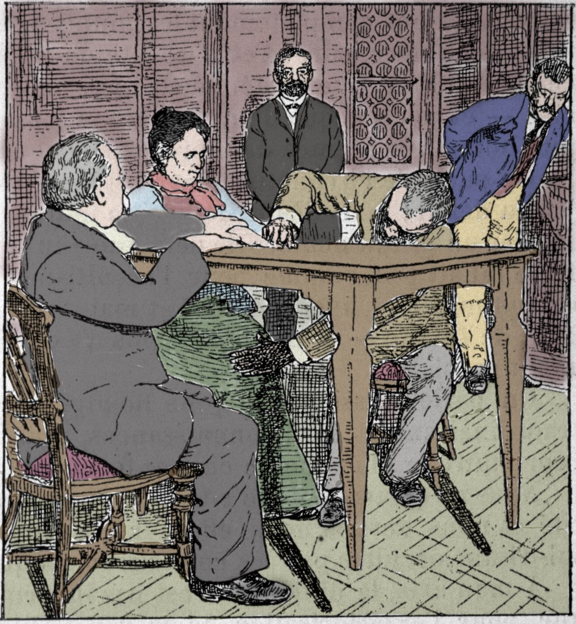 Zjawiska paranormalne: doświadczenie wznoszenia stołu w Mediolanie w 1892 roku w obecności medium Eusapii Paladino i Cesare Lombroso (1835-1909) oraz Charlesa Richeta (1835-1909). autorstwa Unknown artist