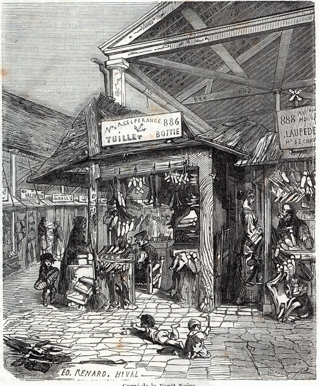 3. dzielnica Paryża - Carre de la Foret-Noire: sprzedaż skóry i butów w Le Carreau du Temple w XIX wieku - Grawerowanie w „Tableau-de-Paris” autorstwa Edmonda Texiera autorstwa Unknown artist