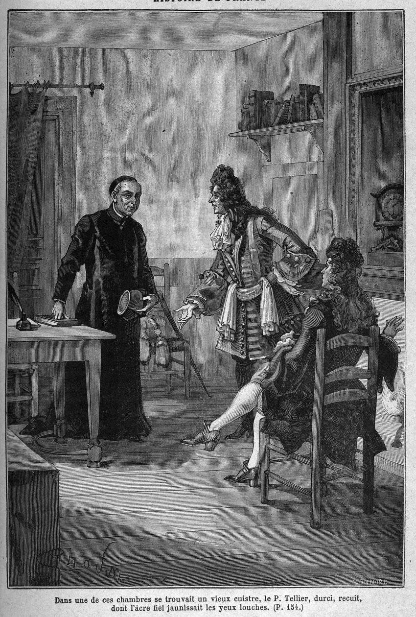 Paryż, Klasztor Jezuitów (obecnie Kolegium Karola Wielkiego): Pere Michel Le Tellier (1643-1719), jezuicki spowiednik króla Francji Ludwika XIV. Rycina XIX wieku. W „Histoire de France” Julesa Micheleta autorstwa Unknown artist