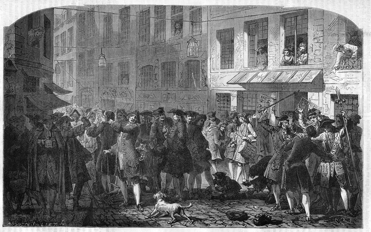 Dzielnica Paryż IV - Rue Quincampoix w 1720 r. za czasów Jana Lawa (1671 - 1729) - „”Zamieszanie na rue Quincampoix”” (upadłość spowodowana przez Prawo) - Widok rue Quincampoix ze spekulantami w czasie system Johna Lawa, autorstwa Unknown artist