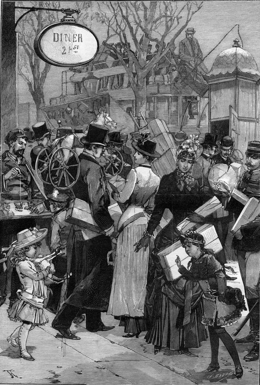 Paryż: Tydzień Pakietów: Paryżanie robią zakupy i kupują zabawki na prezenty świąteczne. Grawerowanie w „”Le Monde Illustré”” autorstwa Unknown artist