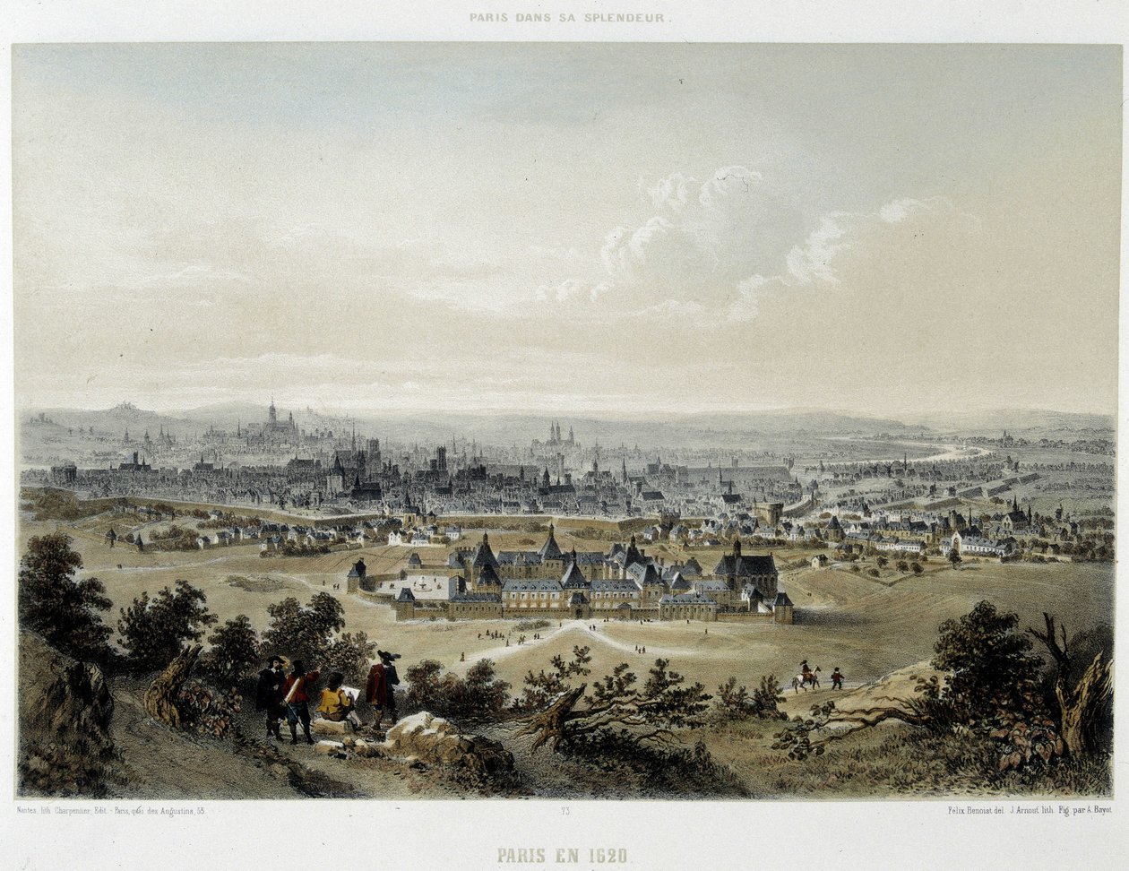 Paryż 1620, widok ogólny z Butte Chaumont - litografia autorstwa Unknown artist