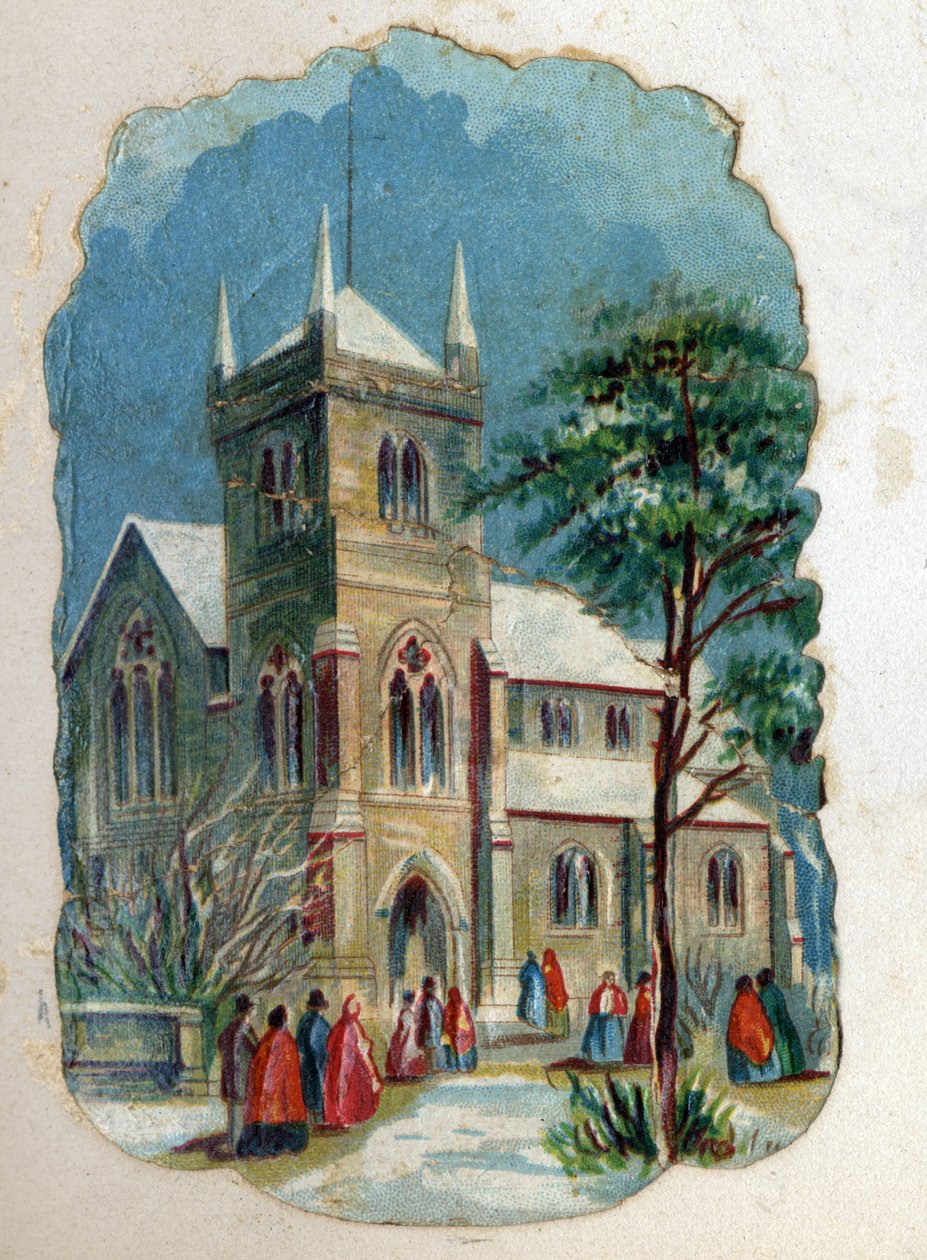 Parafianie chodzą do kościoła na niedzielną mszę. Chromolitografia około 1890 r. autorstwa Unknown artist