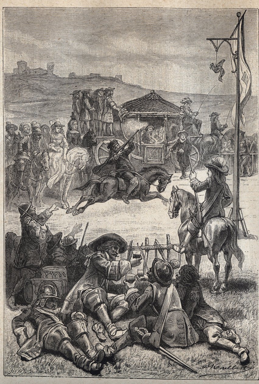 Parrot Shooting - XIX-wieczna ilustracja do powieści historycznej „Purytanie Szkocji” (Stara śmiertelność) Waltera Scotta (1771-1832) autorstwa Unknown artist