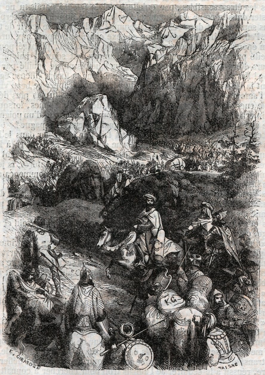 Przejście Pirenejów przez Maurów - rycina z 1851 r. z „Wściekły Roland” (Orlando furioso) (XVI w.) Ludovico Ariosto, zwanego Ariosta - Wydanie przetłumaczone z języka włoskiego przez hrabiego Tressan i wydane przez Gustave