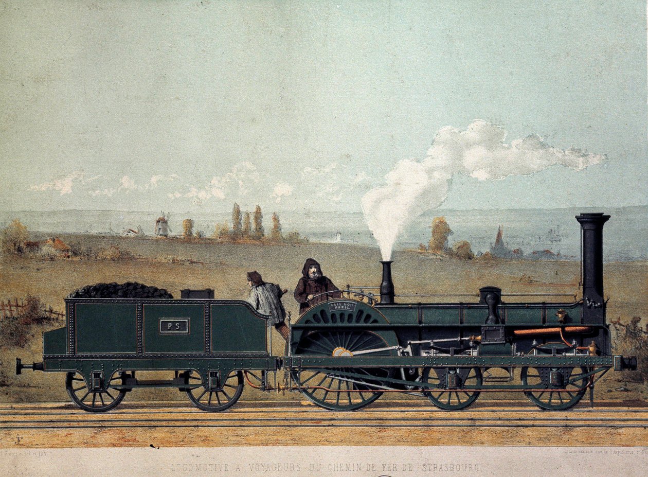 Lokomotywa pasażerska i wagon węglowy kolei strasburskiej (system Crampton) autorstwa Unknown artist