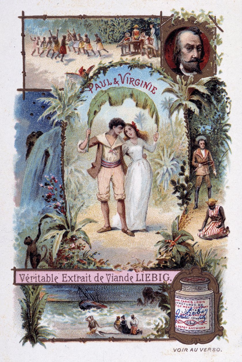 Paula i Wirginii. Roman autorstwa Henri Bernardina de Saint Pierre (Saint-Pierre lub St-Pierre), pisarz francuski (1737-1814). Ilustracja V. Massé - winieta reklamowa Liébiga autorstwa Unknown artist