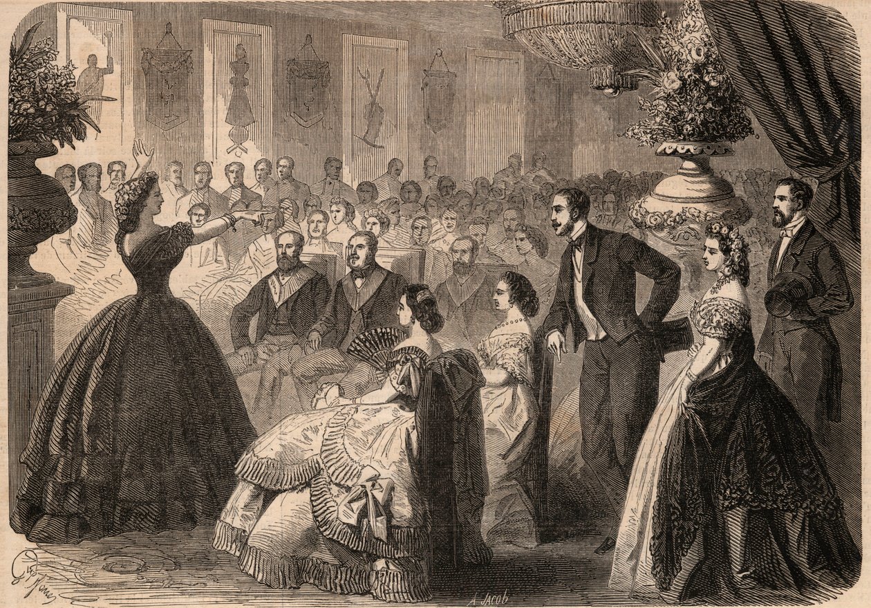 Pauline Viardot-Garcia (Viardot Garcia) (1821-1910), francuska piosenkarka na festynie charytatywnym wydanym przez lożę Maconnique „La perseverante friends” w Wielkim Wschodzie Paryża. Grawer „Le Monde illustrious” z 1862 r. Ze zbiorów prywatnych. autorstwa Unknown artist