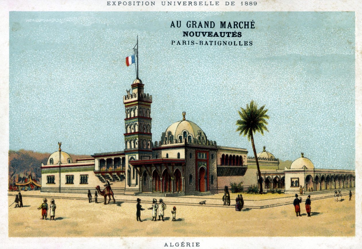 Pawilon Algierii podczas Wystawy Światowej 1889. Tektura wydana przez Grand Marché Nowe produkty: Paryż - Batignolles. Chromolitografia XIX wieku. autorstwa Unknown artist