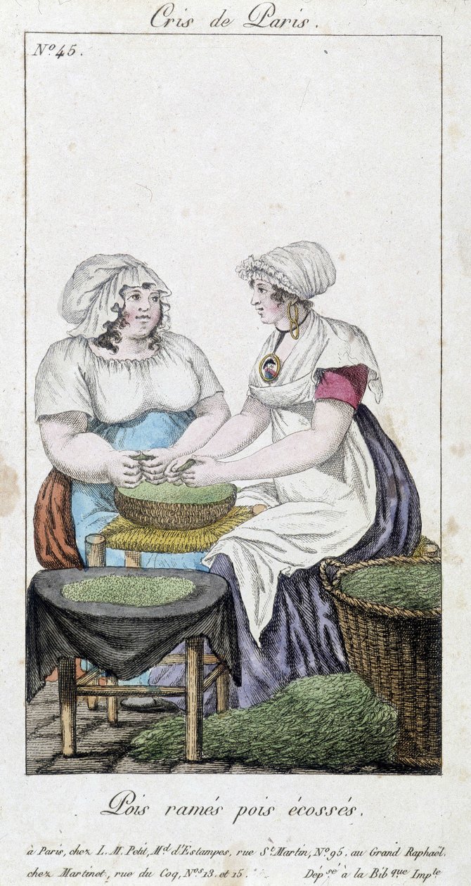 Kupcy grochu: dwie kobiety zrzucające groszek. „” Groch rzędowy, groszek szkocki” - w „” Cris de Paris””, deb. 19 wiek autorstwa Unknown artist