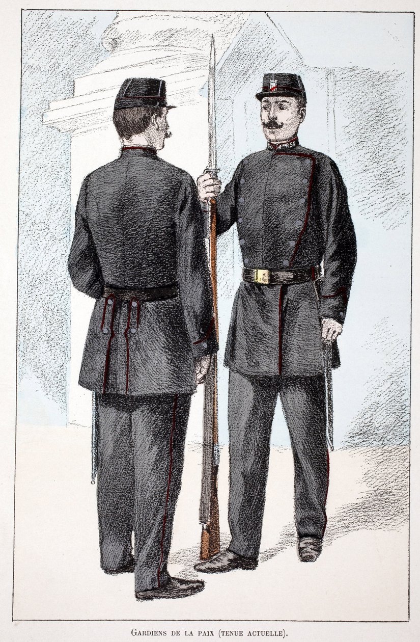 Strażnicy pokoju (okres Lepine). Akwaforta w kolorach, dla ilustracji „Histoire du corps des gardes de la paix””” książka wydana pod auspicjami Louisa Lepine’a (1846-1933) prefekta policji nad Sekwaną, autorstwa Alfreda Reya (1864-?) i Louisa Ferona (1862- autorstwa Unknown artist