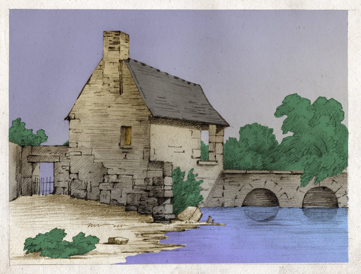 Dom chłopski na brzegu rzeki. (Rysunek, ok. 1830) autorstwa Unknown artist