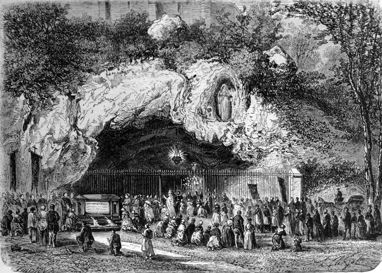 Peleryny przed cudowną jaskinią Lourdes w Wysokich Pirenejach, gdzie Bernadetcie Soubirous (1844-1879) w 1858 r. objawiła się Matka Boża, obecne miejsce pielgrzymek. Rycina XIX wieku autorstwa Unknown artist