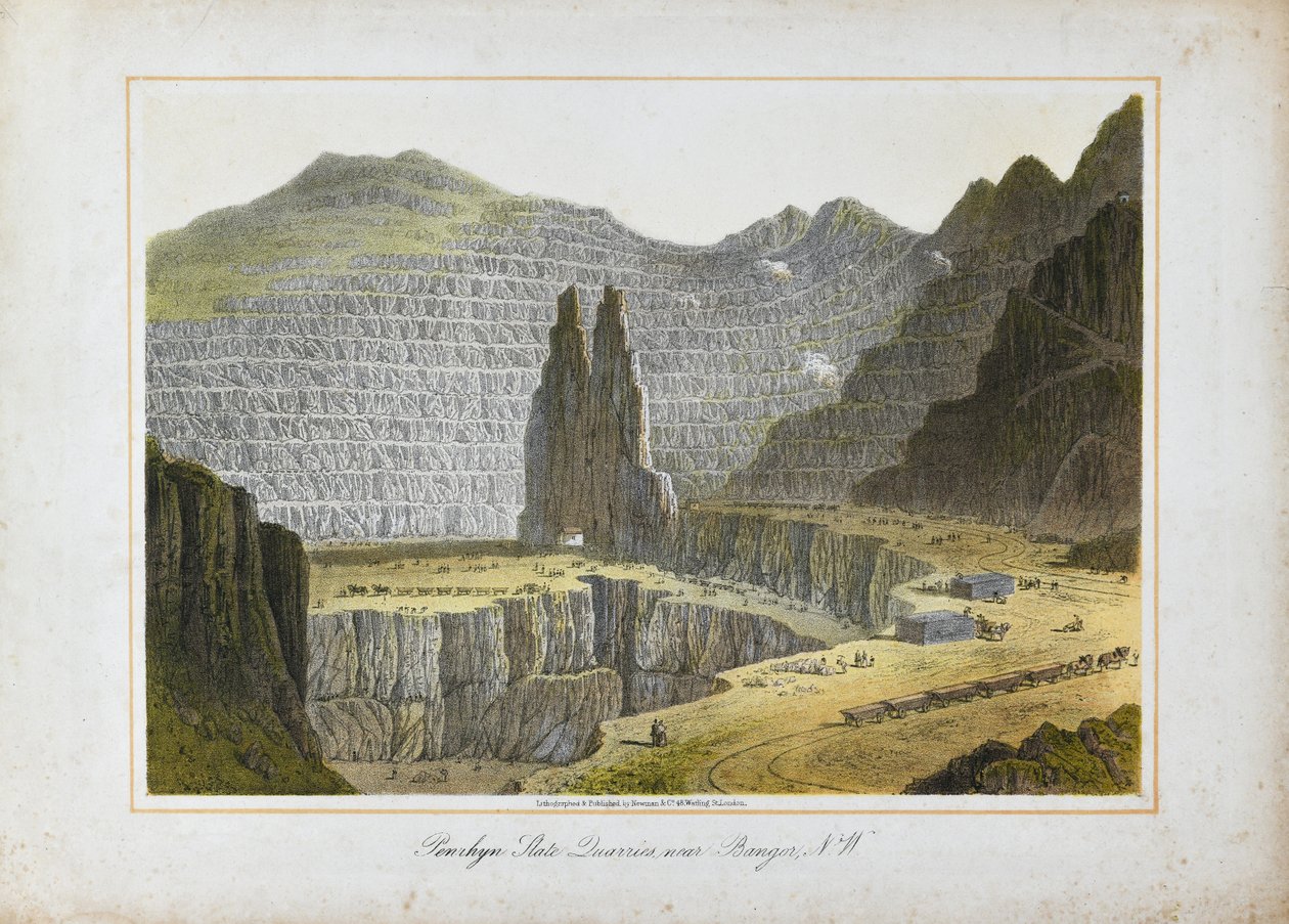 Penrhyn Slate Quarries, niedaleko Bangor, Północna Walia (ręcznie kolorowana litografia na papierze) autorstwa Unknown artist