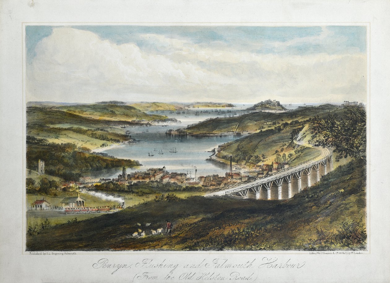 Penryn, Flushing i Falmouth Harbors (od Old Helton Road), ok. 1860-80 (litografia kolorowa na papierze) autorstwa Unknown artist