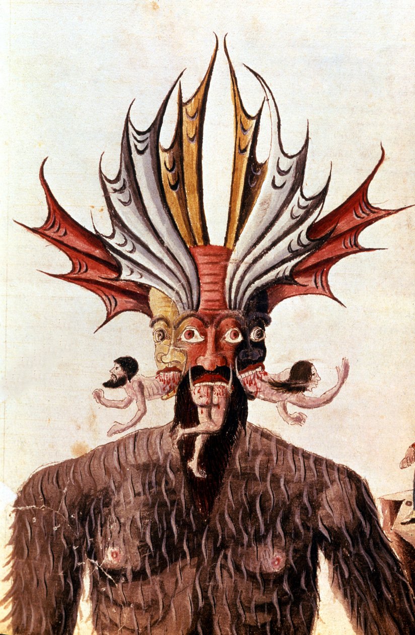 Wykonanie Lucyfera (diabła) w „Divina Commedia” Dantego. Rękopis z XIV wieku. Biblioteka Trivulziana, Mediolan. autorstwa Unknown artist