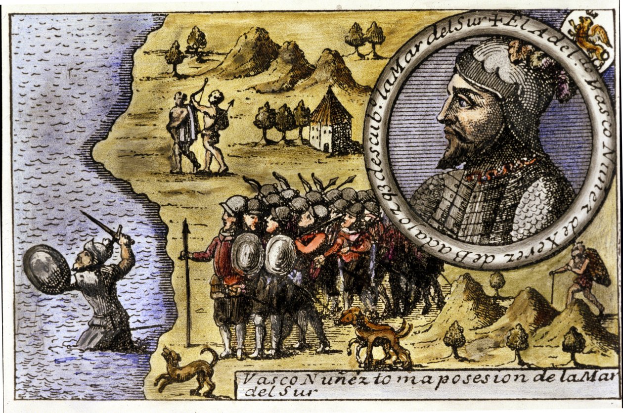 Występ Vasco Nuneza de Balboa (1475 - 1517), hiszpańskiego nawigatora, który jako jeden z pierwszych odkrył Ocean Spokojny, przekraczając Cieśninę Darien. Rytownictwo autorstwa Unknown artist