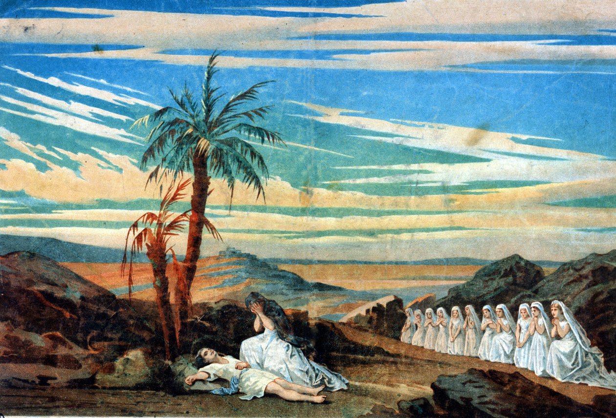 Wykonanie ostatniej sceny IV aktu „Królowej Saby”, opery skomponowanej przez Karla Goldmarka (1830 - 1915). autorstwa Unknown artist