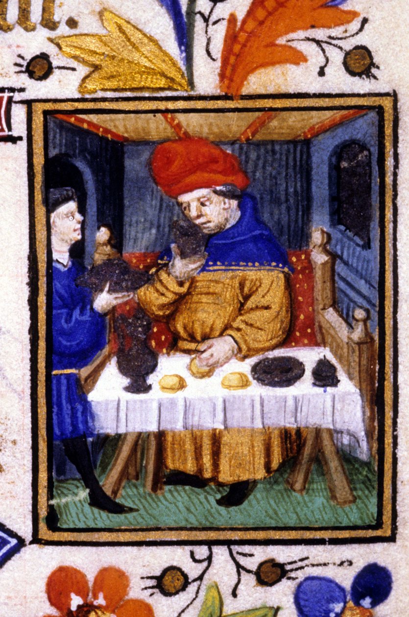 Wydajność w miesiącu styczniu. Sługa kładzie jedzenie na stole swego pana. Miniatura rękopisu z XIV wieku. autorstwa Unknown artist