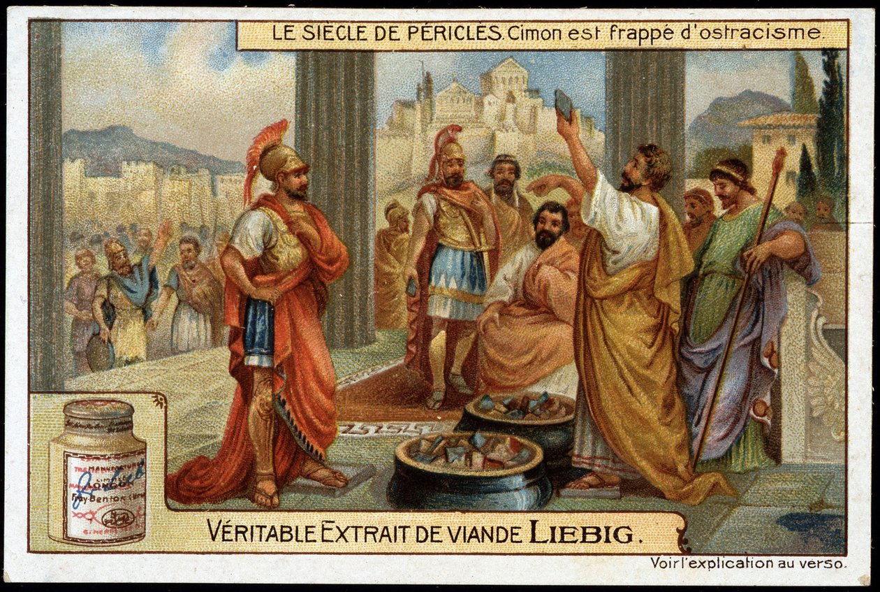 Wiek Peryklesa (495-429 pne): mąż stanu i strategia Cimon (510-449 pne) jest uderzony ostracyzmem, w 461 pne - chromolitografia Liebiga autorstwa Unknown artist