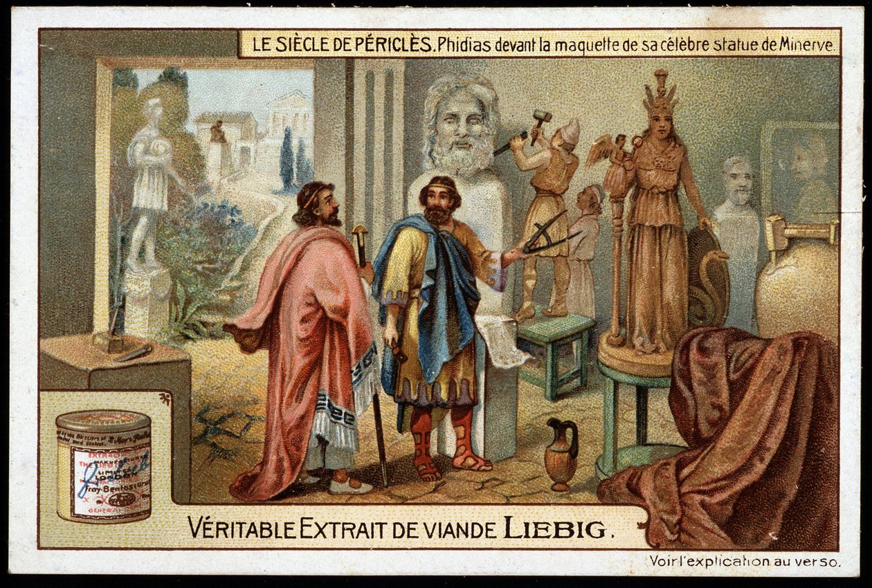 Perykles w. (495-429 p.n.e.): rzeźbiarz Fidiasz (490-430 p.n.e.) przed modelem jego słynnego posągu Minerwy - chromolitografia Liebiga autorstwa Unknown artist